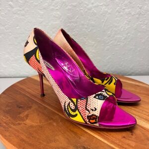 Le Silla Pop Art Comic Print Peep Toe Pumps Fuchsia Pink Stiletto 36